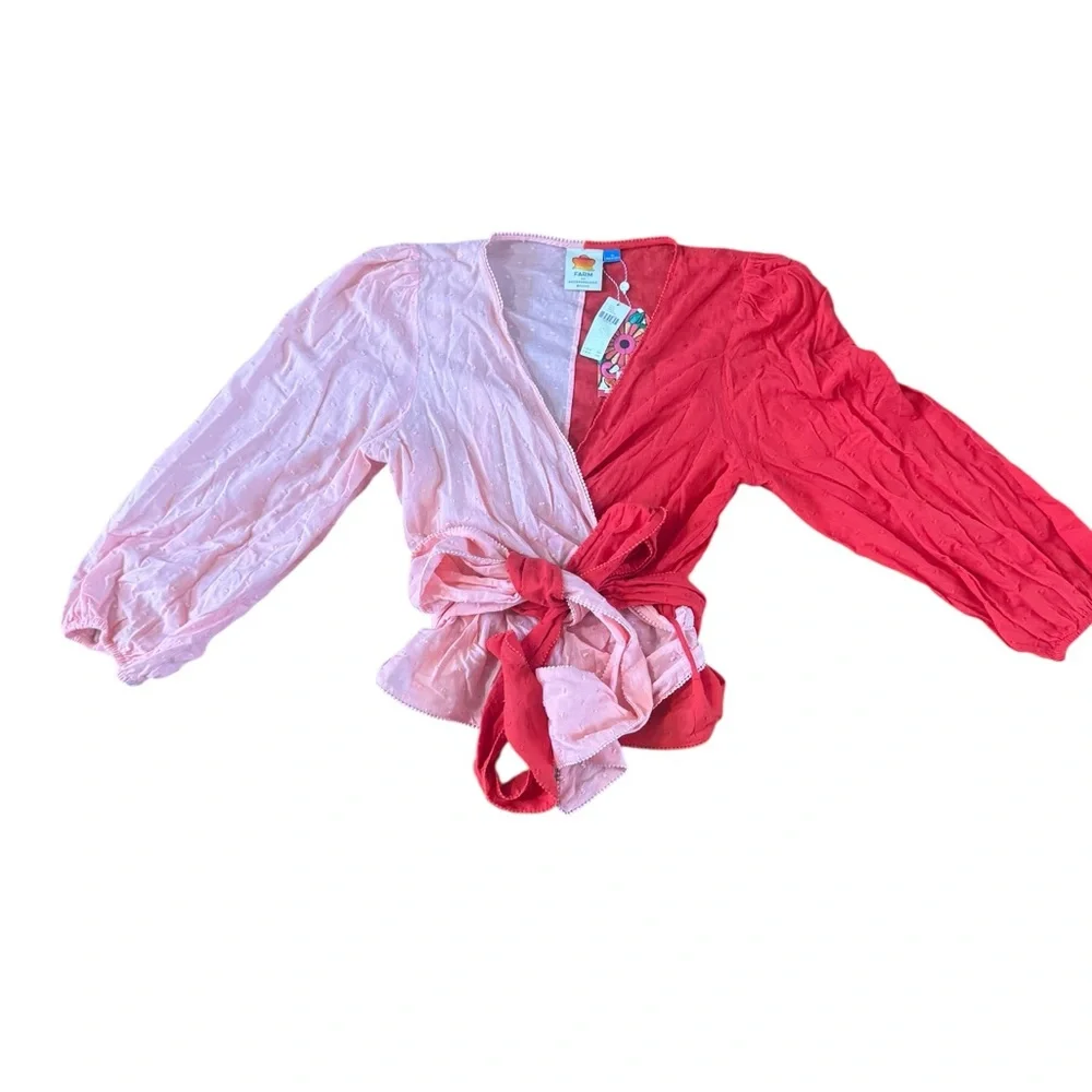 NEW Farm Rio Colorblock Boho Wrap Blouse Women's XL Pink & Red Swiss Dot Top NWT